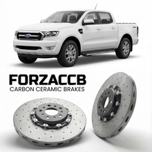 ForzaCCB direct OEM replacement carbon ceramic brake rotors for 2011 to 2015 Ford Ranger III Double Cab models, shown with a white Ford Ranger car.