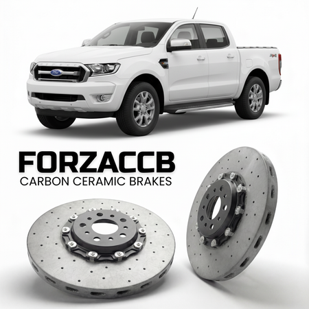 ForzaCCB direct OEM replacement carbon ceramic brake rotors for 2011 to 2015 Ford Ranger III Double Cab models, shown with a white Ford Ranger car.