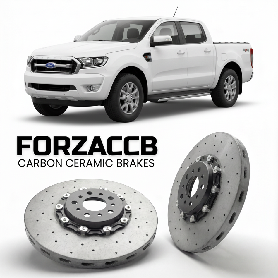 ForzaCCB direct OEM replacement carbon ceramic brake rotors for 2011 to 2015 Ford Ranger III Double Cab models, shown with a white Ford Ranger car.
