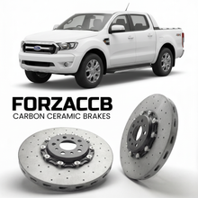 ForzaCCB direct OEM replacement carbon ceramic brake rotors for 2011 to 2015 Ford Ranger III Super Cab models, shown with a white Ford Ranger car.
