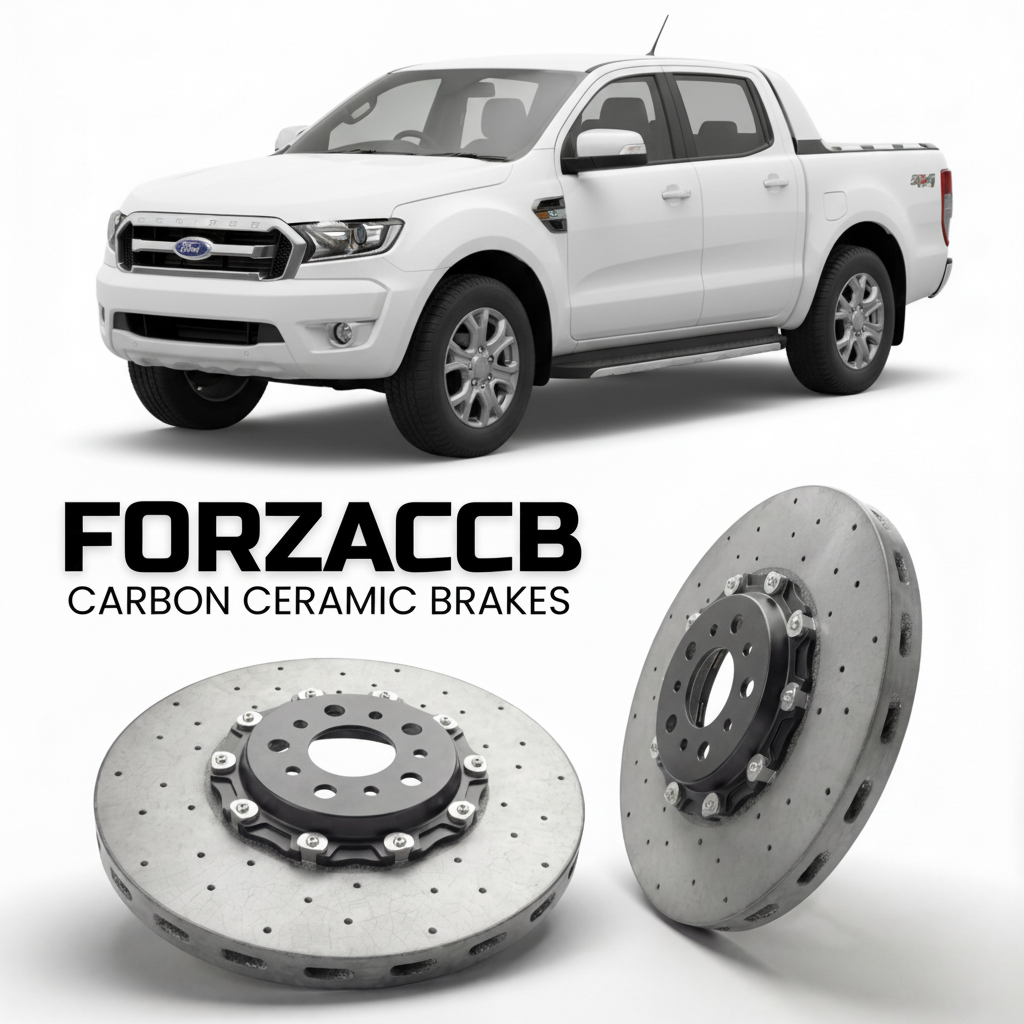 ForzaCCB direct OEM replacement carbon ceramic brake rotors for 2011 to 2015 Ford Ranger III Super Cab models, shown with a white Ford Ranger car.