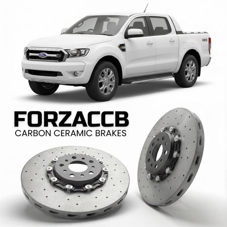 ForzaCCB direct OEM replacement carbon ceramic brake rotors for 2011 to 2015 Ford Ranger III Super Cab models, shown with a white Ford Ranger car.