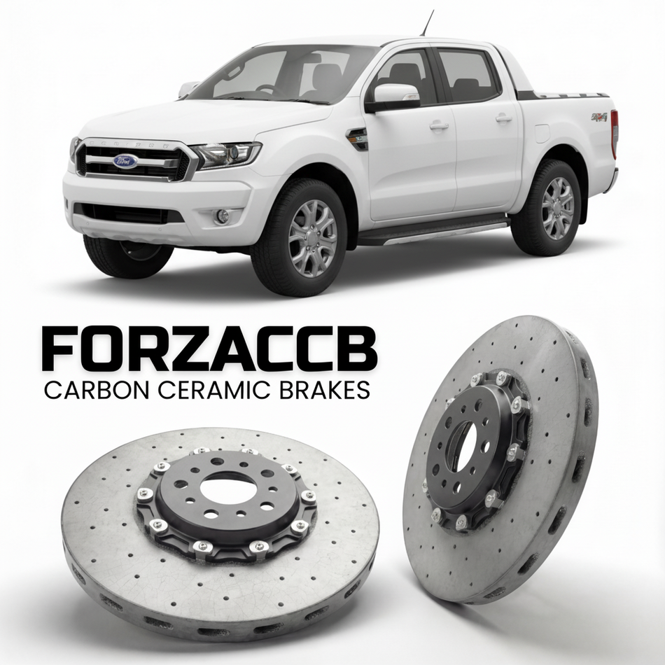 ForzaCCB direct OEM replacement carbon ceramic brake rotors for 2011 to 2015 Ford Ranger III Super Cab models, shown with a white Ford Ranger car.