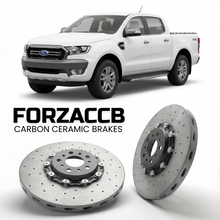 ForzaCCB direct OEM replacement carbon ceramic brake rotors for 2015-2018) Ford Ranger III Double Cab (facelift 2015 models, shown with a white Ford Ranger car.