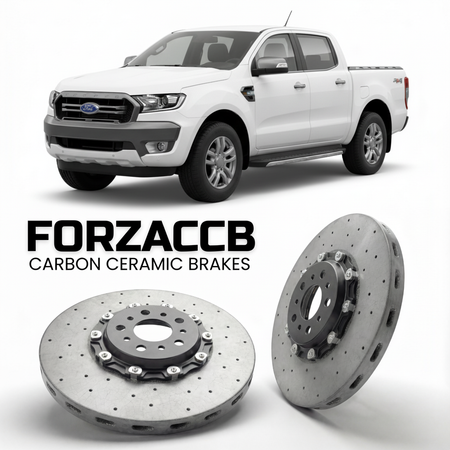 ForzaCCB direct OEM replacement carbon ceramic brake rotors for 2015-2018) Ford Ranger III Double Cab (facelift 2015 models, shown with a white Ford Ranger car.