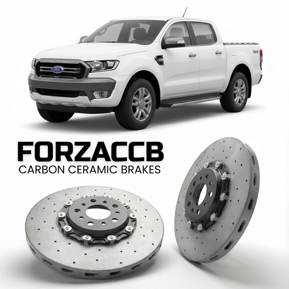 ForzaCCB direct OEM replacement carbon ceramic brake rotors for 2015-2018) Ford Ranger III Double Cab (facelift 2015 models, shown with a white Ford Ranger car.