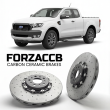 ForzaCCB direct OEM replacement carbon ceramic brake rotors for 2015-2018) Ford Ranger III Single Cab (facelift 2015 models, shown with a white Ford Ranger car.