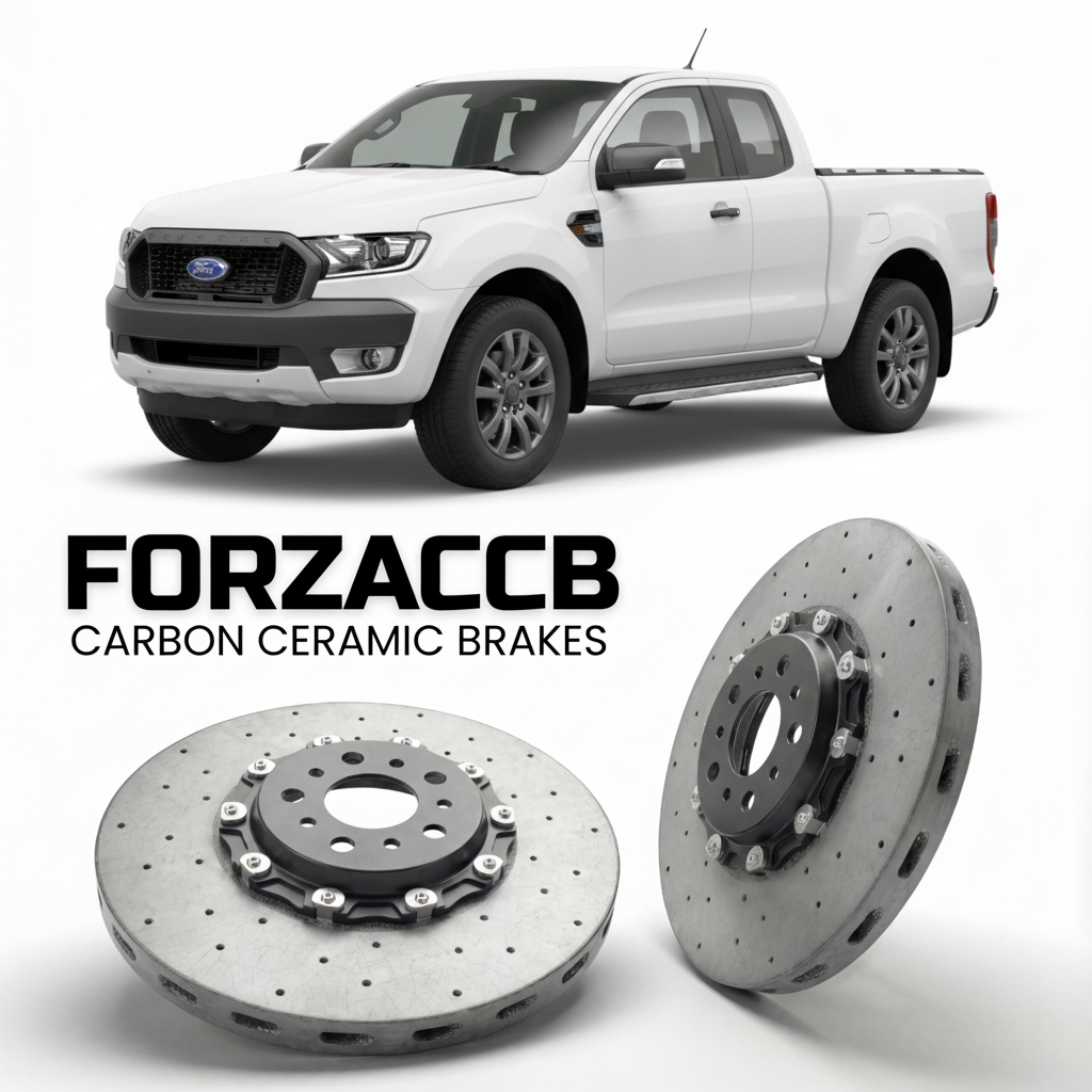 ForzaCCB direct OEM replacement carbon ceramic brake rotors for 2015-2018) Ford Ranger III Single Cab (facelift 2015 models, shown with a white Ford Ranger car.