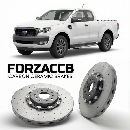 ForzaCCB direct OEM replacement carbon ceramic brake rotors for 2015-2018) Ford Ranger III Single Cab (facelift 2015 models, shown with a white Ford Ranger car.
