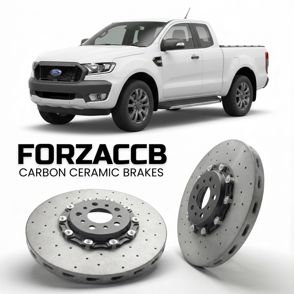 ForzaCCB direct OEM replacement carbon ceramic brake rotors for 2015-2018) Ford Ranger III Single Cab (facelift 2015 models, shown with a white Ford Ranger car.