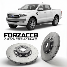 ForzaCCB direct OEM replacement carbon ceramic brake rotors for 2015-2018) Ford Ranger III Super Cab (facelift 2015 models, shown with a white Ford Ranger car.
