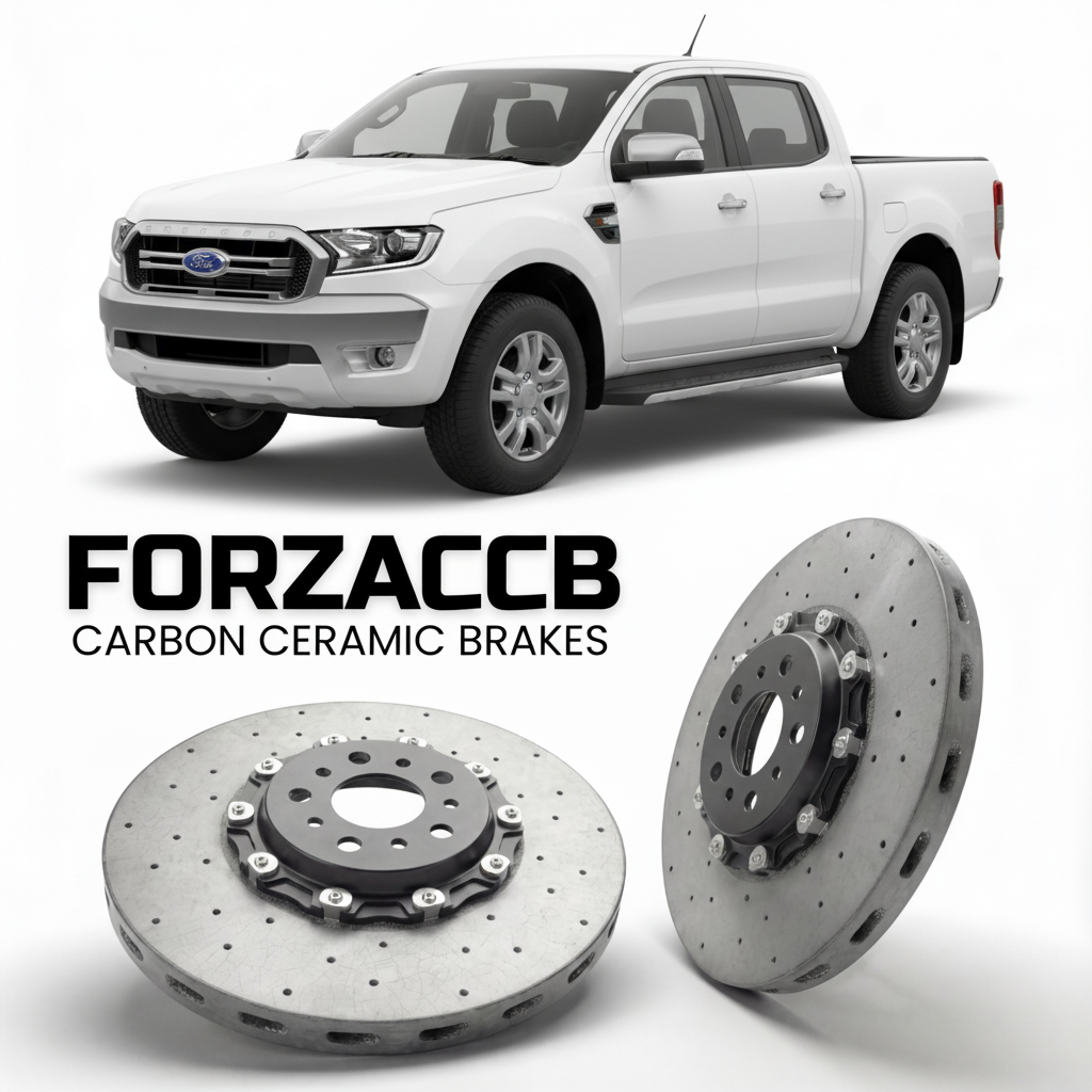 ForzaCCB direct OEM replacement carbon ceramic brake rotors for 2015-2018) Ford Ranger III Super Cab (facelift 2015 models, shown with a white Ford Ranger car.