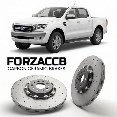 ForzaCCB direct OEM replacement carbon ceramic brake rotors for 2015-2018) Ford Ranger III Super Cab (facelift 2015 models, shown with a white Ford Ranger car.