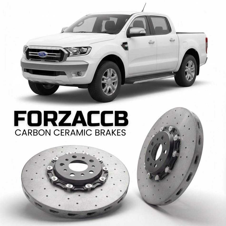 ForzaCCB direct OEM replacement carbon ceramic brake rotors for 2015-2018) Ford Ranger III Super Cab (facelift 2015 models, shown with a white Ford Ranger car.