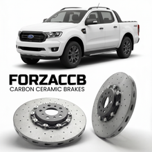 ForzaCCB direct OEM replacement carbon ceramic brake rotors for 2019-2022) Ford Ranger III Double Cab (facelift 2019 models, shown with a white Ford Ranger car.