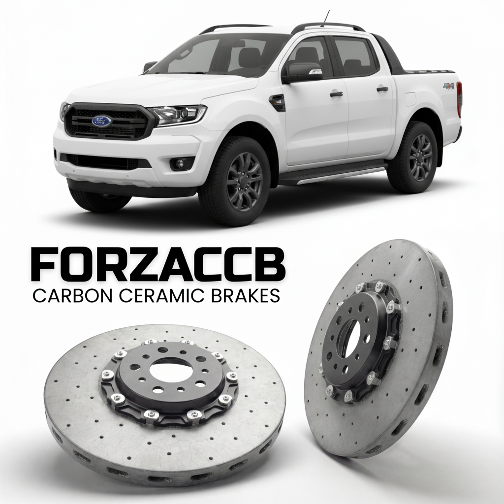 ForzaCCB direct OEM replacement carbon ceramic brake rotors for 2019-2022) Ford Ranger III Double Cab (facelift 2019 models, shown with a white Ford Ranger car.