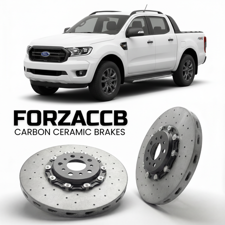 ForzaCCB direct OEM replacement carbon ceramic brake rotors for 2019-2022) Ford Ranger III Double Cab (facelift 2019 models, shown with a white Ford Ranger car.