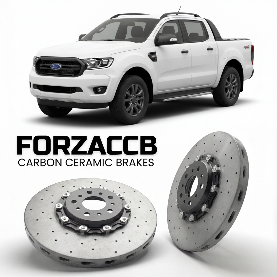 ForzaCCB direct OEM replacement carbon ceramic brake rotors for 2019-2022) Ford Ranger III Double Cab (facelift 2019 models, shown with a white Ford Ranger car.