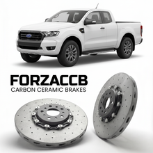 ForzaCCB direct OEM replacement carbon ceramic brake rotors for 2019-2022) Ford Ranger III Regular Cab (facelift 2019 models, shown with a white Ford Ranger car.