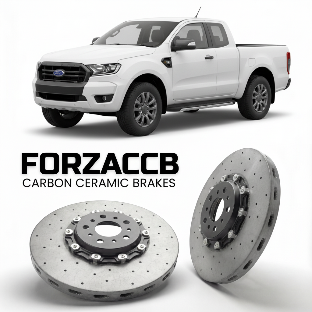 ForzaCCB direct OEM replacement carbon ceramic brake rotors for 2019-2022) Ford Ranger III Regular Cab (facelift 2019 models, shown with a white Ford Ranger car.