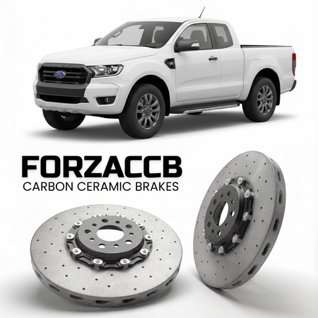 ForzaCCB direct OEM replacement carbon ceramic brake rotors for 2019-2022) Ford Ranger III Regular Cab (facelift 2019 models, shown with a white Ford Ranger car.