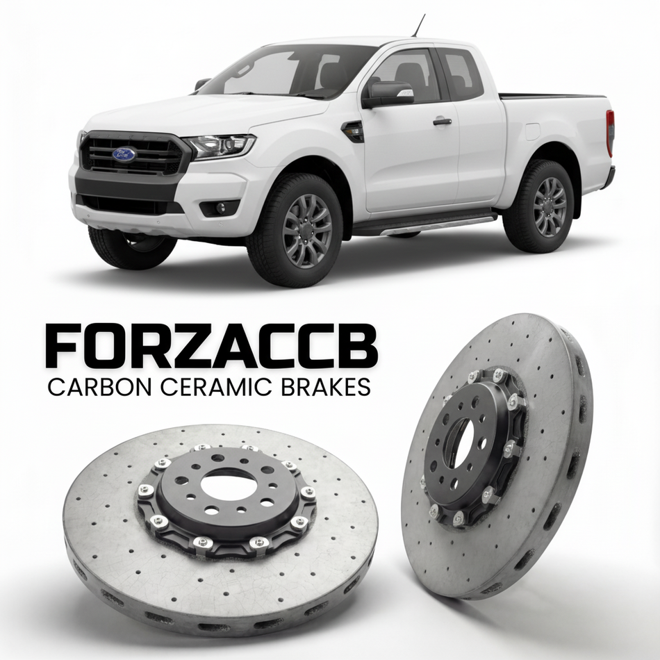 ForzaCCB direct OEM replacement carbon ceramic brake rotors for 2019-2022) Ford Ranger III Regular Cab (facelift 2019 models, shown with a white Ford Ranger car.