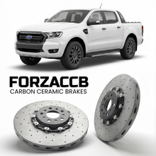 ForzaCCB direct OEM replacement carbon ceramic brake rotors for 2019-2022) Ford Ranger III Super Cab (facelift 2019 models, shown with a white Ford Ranger car.