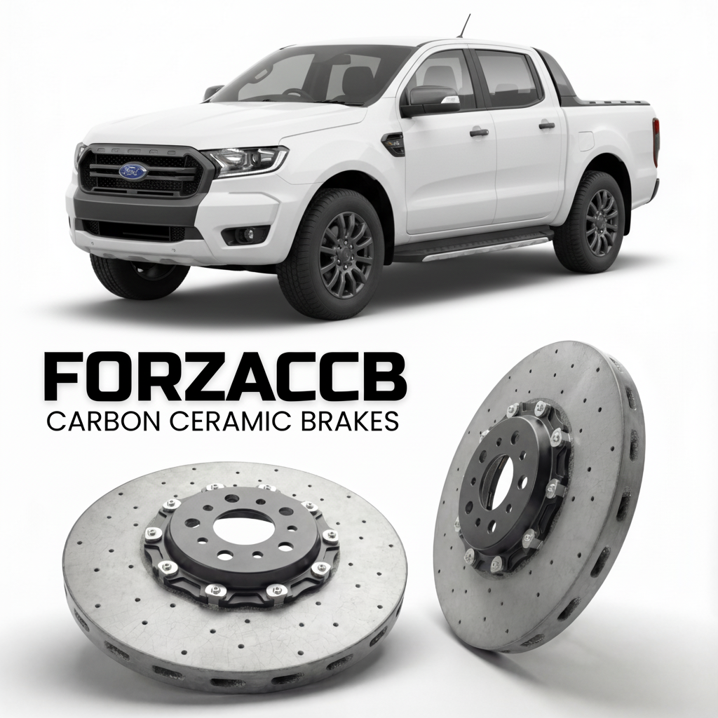 ForzaCCB direct OEM replacement carbon ceramic brake rotors for 2019-2022) Ford Ranger III Super Cab (facelift 2019 models, shown with a white Ford Ranger car.