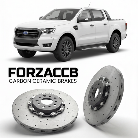 ForzaCCB direct OEM replacement carbon ceramic brake rotors for 2019-2022) Ford Ranger III Super Cab (facelift 2019 models, shown with a white Ford Ranger car.
