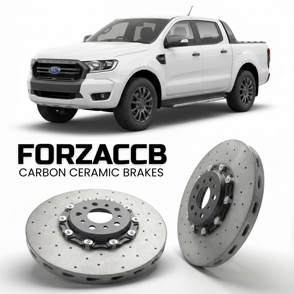 ForzaCCB direct OEM replacement carbon ceramic brake rotors for 2019-2022) Ford Ranger III Super Cab (facelift 2019 models, shown with a white Ford Ranger car.