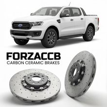ForzaCCB direct OEM replacement carbon ceramic brake rotors for 2019-2023) Ford Ranger IV SuperCab (Americas models, shown with a white Ford Ranger car.