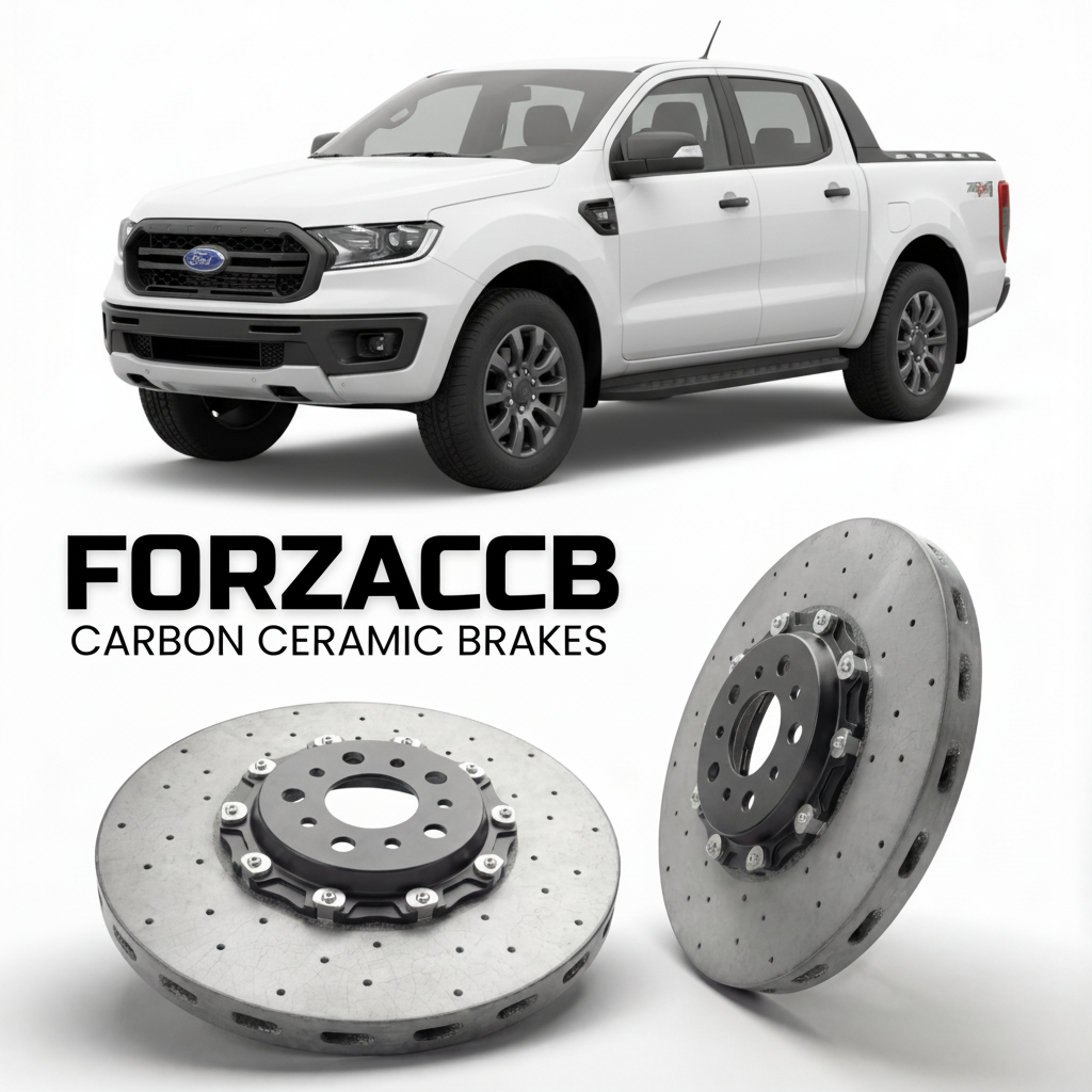ForzaCCB direct OEM replacement carbon ceramic brake rotors for 2019-2023) Ford Ranger IV SuperCab (Americas models, shown with a white Ford Ranger car.