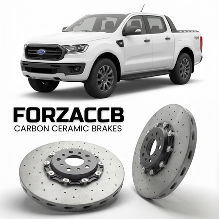 ForzaCCB direct OEM replacement carbon ceramic brake rotors for 2019-2023) Ford Ranger IV SuperCab (Americas models, shown with a white Ford Ranger car.