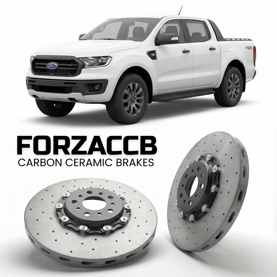 ForzaCCB direct OEM replacement carbon ceramic brake rotors for 2019-2023) Ford Ranger IV SuperCab (Americas models, shown with a white Ford Ranger car.