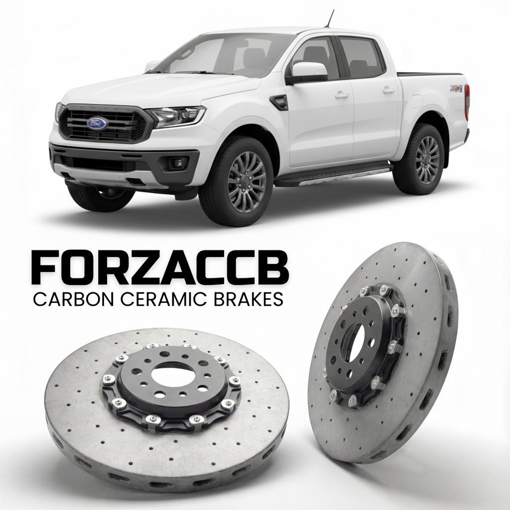 ForzaCCB direct OEM replacement carbon ceramic brake rotors for 2019-2023) Ford Ranger IV SuperCrew (Americas models, shown with a white Ford Ranger car.