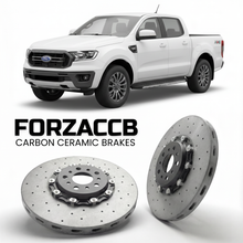 ForzaCCB direct OEM replacement carbon ceramic brake rotors for 2019-2023) Ford Ranger IV SuperCrew (Americas models, shown with a white Ford Ranger car.