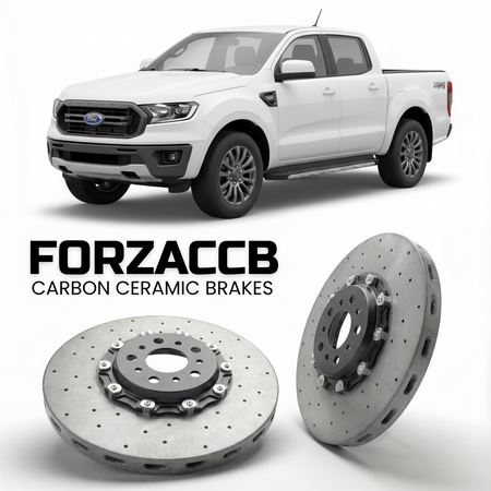 ForzaCCB direct OEM replacement carbon ceramic brake rotors for 2019-2023) Ford Ranger IV SuperCrew (Americas models, shown with a white Ford Ranger car.