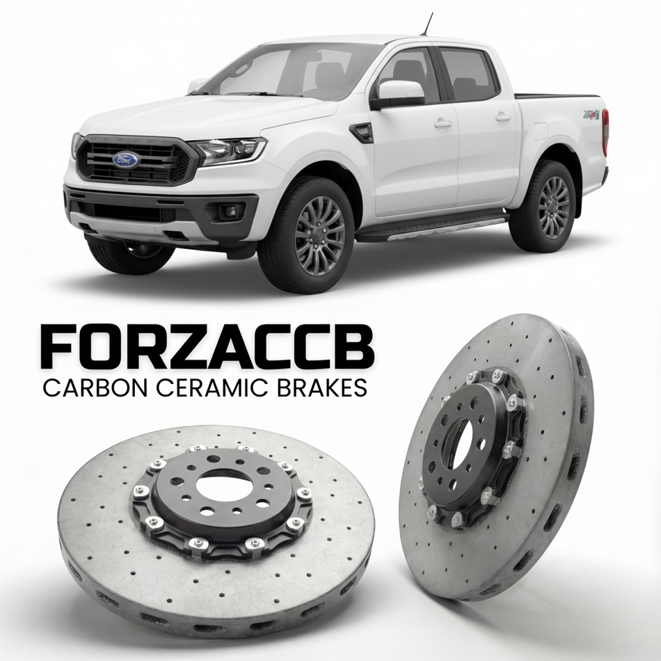 ForzaCCB direct OEM replacement carbon ceramic brake rotors for 2019-2023) Ford Ranger IV SuperCrew (Americas models, shown with a white Ford Ranger car.