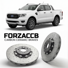 ForzaCCB direct OEM replacement carbon ceramic brake rotors for 2022 and newer Ford Ranger IV Double Cab models, shown with a white Ford Ranger car.