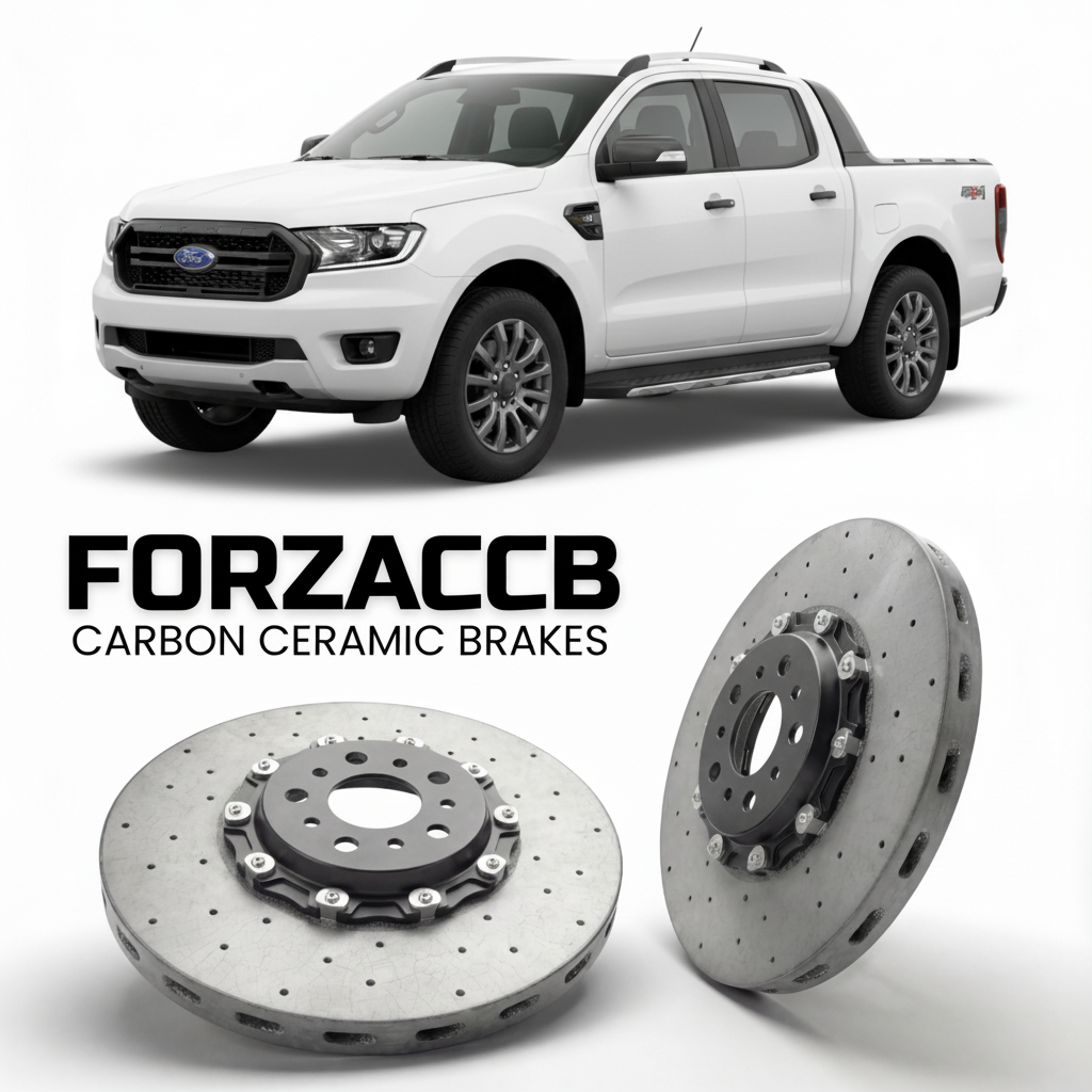ForzaCCB direct OEM replacement carbon ceramic brake rotors for 2022 and newer Ford Ranger IV Double Cab models, shown with a white Ford Ranger car.
