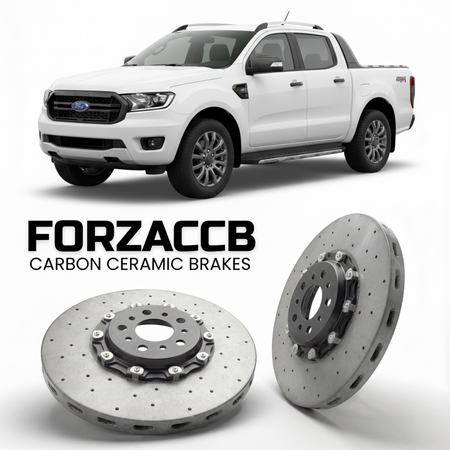 ForzaCCB direct OEM replacement carbon ceramic brake rotors for 2022 and newer Ford Ranger IV Double Cab models, shown with a white Ford Ranger car.