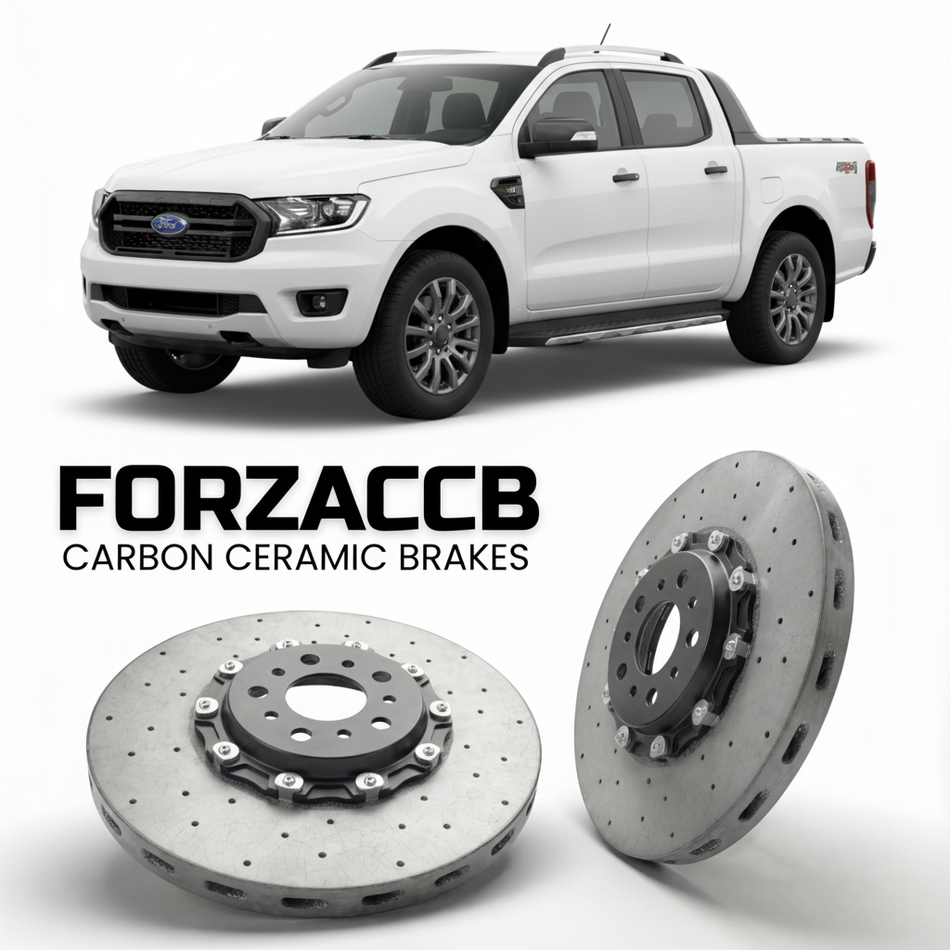 ForzaCCB direct OEM replacement carbon ceramic brake rotors for 2022 and newer Ford Ranger IV Double Cab models, shown with a white Ford Ranger car.