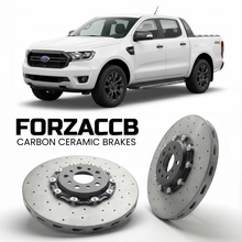 ForzaCCB direct OEM replacement carbon ceramic brake rotors for 2023 and newer Ford Ranger IV Extra Cab models, shown with a white Ford Ranger car.