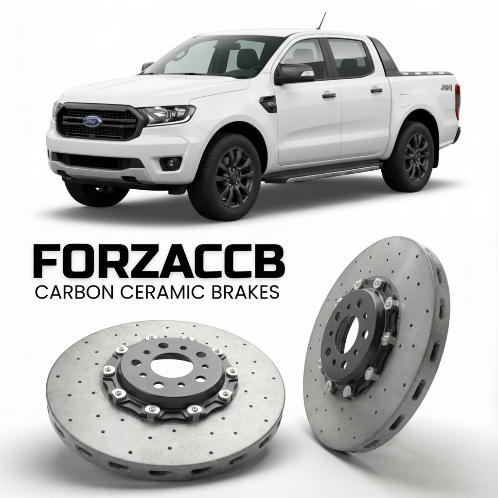 ForzaCCB direct OEM replacement carbon ceramic brake rotors for 2023 and newer Ford Ranger IV Extra Cab models, shown with a white Ford Ranger car.