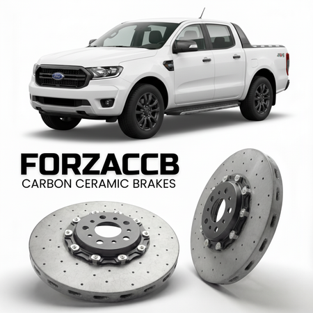 ForzaCCB direct OEM replacement carbon ceramic brake rotors for 2023 and newer Ford Ranger IV Extra Cab models, shown with a white Ford Ranger car.