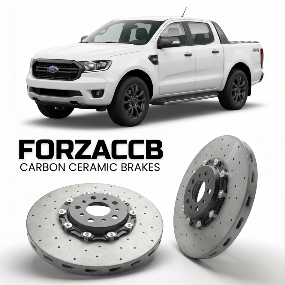 ForzaCCB direct OEM replacement carbon ceramic brake rotors for 2023 and newer Ford Ranger IV Extra Cab models, shown with a white Ford Ranger car.