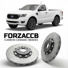 ForzaCCB direct OEM replacement carbon ceramic brake rotors for 2023 and newer Ford Ranger IV Single Cab models, shown with a white Ford Ranger car.