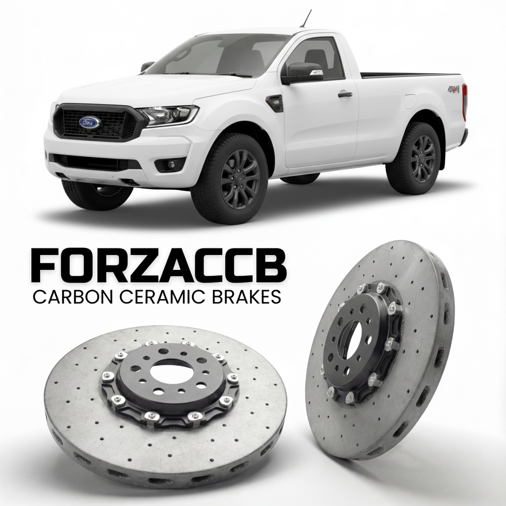 ForzaCCB direct OEM replacement carbon ceramic brake rotors for 2023 and newer Ford Ranger IV Single Cab models, shown with a white Ford Ranger car.