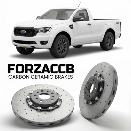 ForzaCCB direct OEM replacement carbon ceramic brake rotors for 2023 and newer Ford Ranger IV Single Cab models, shown with a white Ford Ranger car.