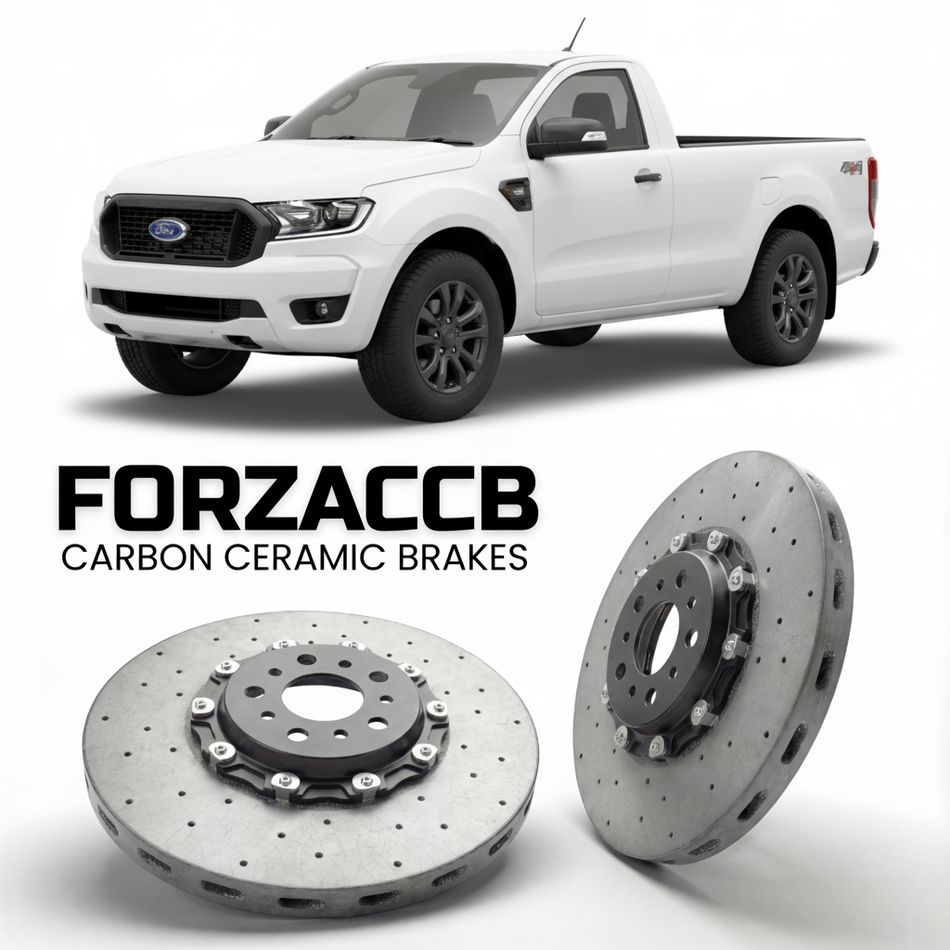 ForzaCCB direct OEM replacement carbon ceramic brake rotors for 2023 and newer Ford Ranger IV Single Cab models, shown with a white Ford Ranger car.